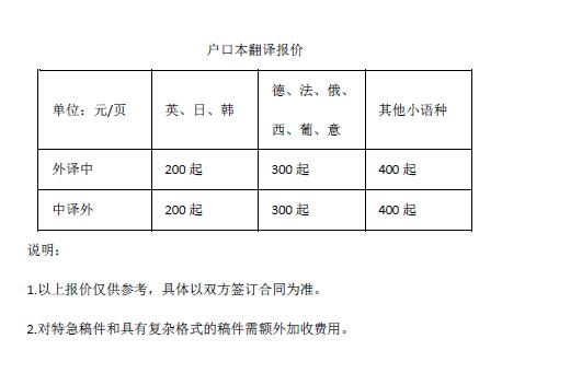 戶口本翻譯報價